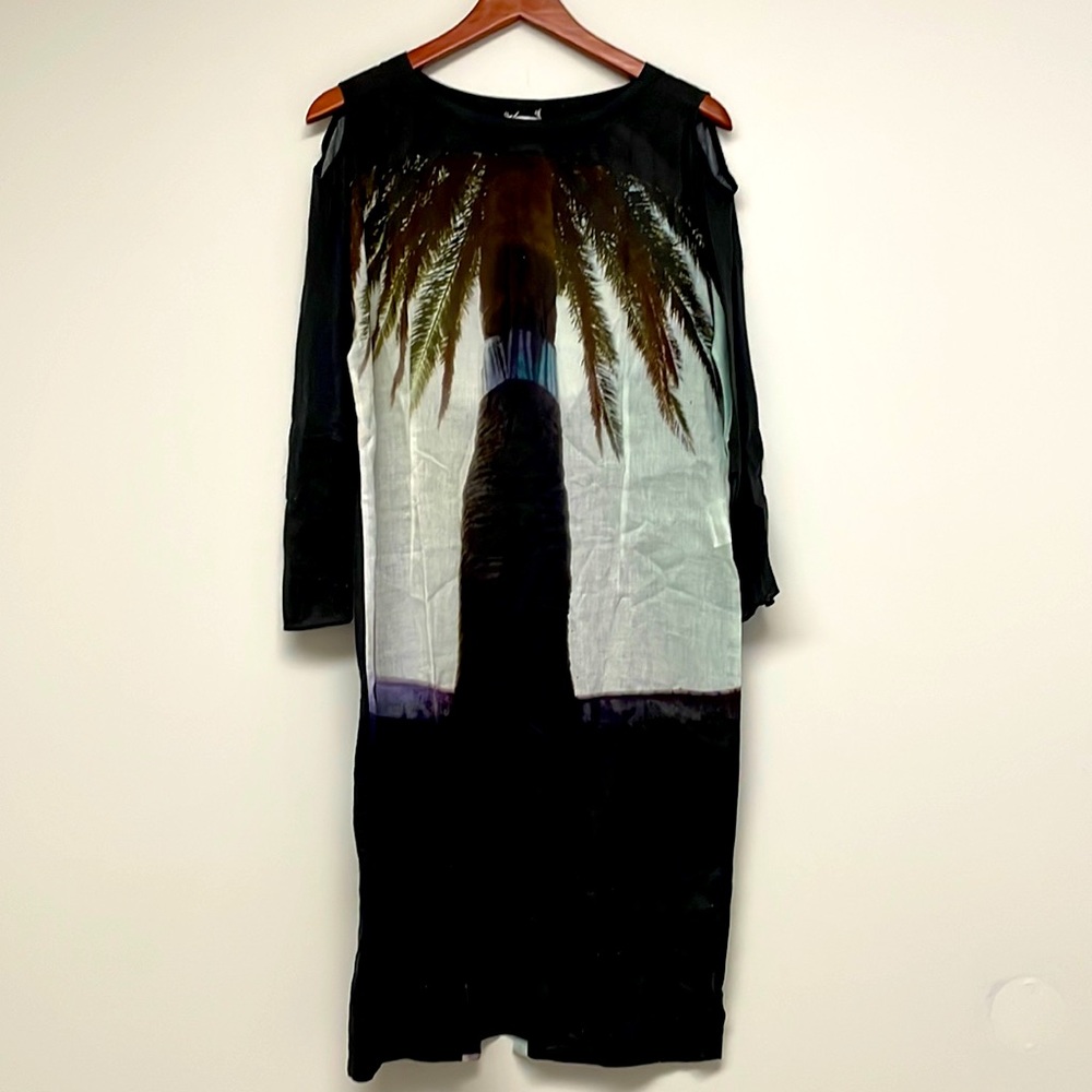 Limited Edition Anntian Black Sheer Palm Tree Exposed Shoulder Dress Size Small